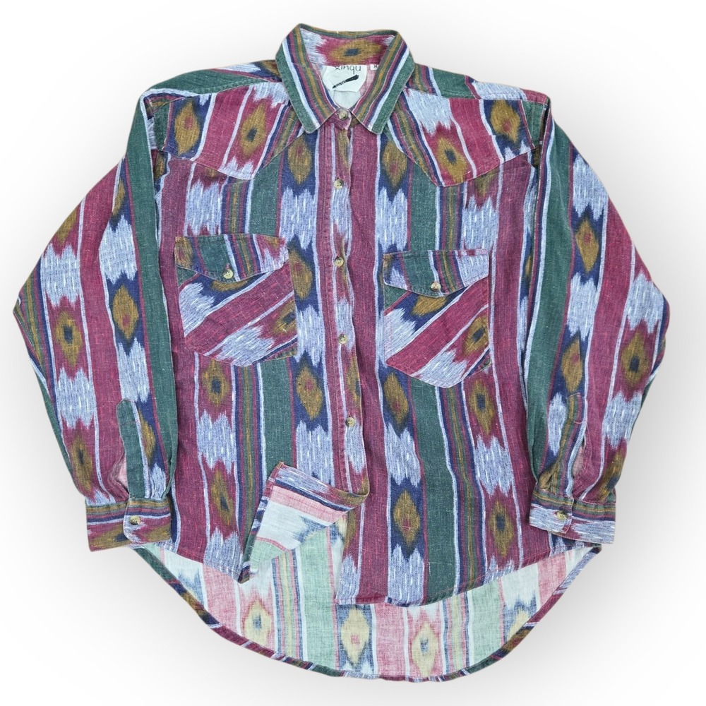 Vintage 90s XinQu‎ Abstract Ikat Print Button Down Shirt Med Western Style 21x26